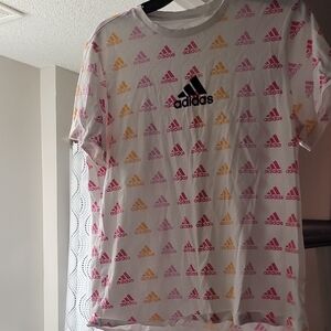 adidas White Tee with Pink & Gold Logo Pattern